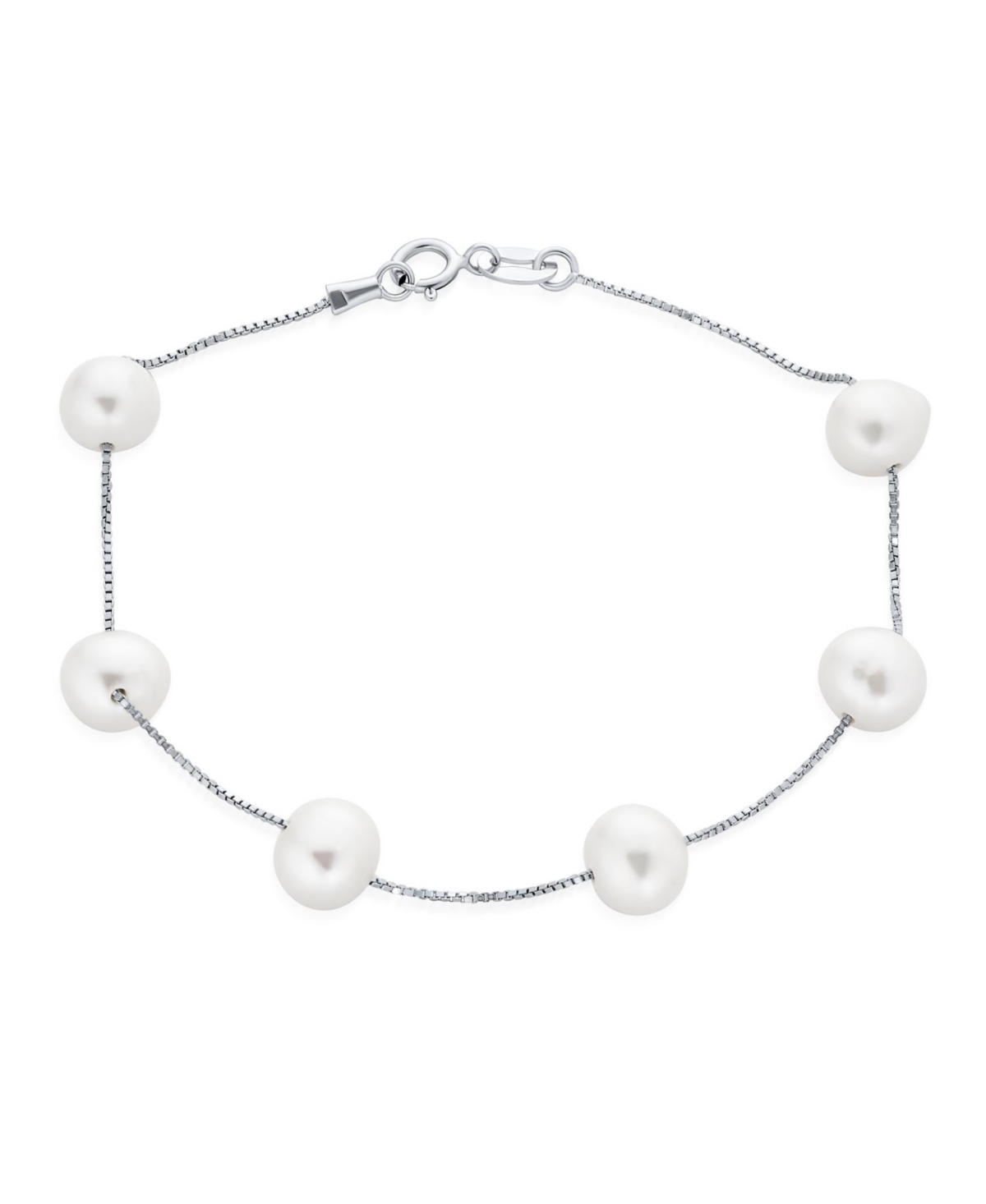Tin Cup White Freshwater Cultured 7MM Pearl Chain Station Pearls Bracelet .925 Sterling Silver - Black