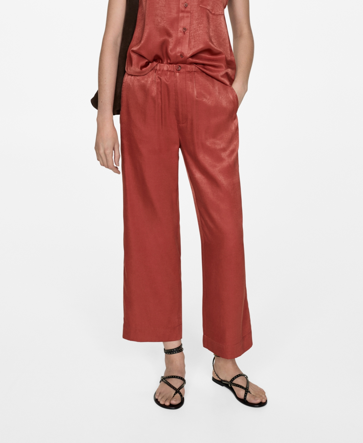 Mango Satin Crop Pants Red In Red