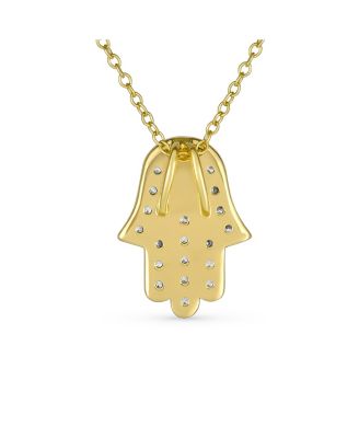 Turkish Evil Eye Hamsa Hand Pendant Necklace Cubic Zirconia CZ 14K Yellow Gold Plated Sterling Silver