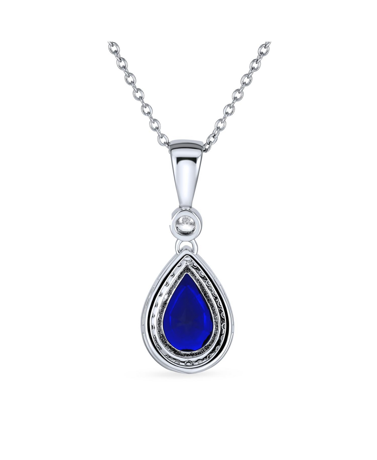 Bling JewelryCz Halo Solitaire Teardrop Pear Shape Pendant Necklace For Women .925 Sterling Silver - Blue