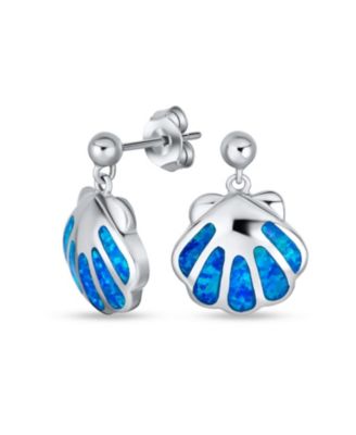 Created Blue Opal Hawaiian Nautical Tropical Beach Vacation Mollusks Clam Dangling Drop Stud Earrings Marine Life .925 Sterling Silver