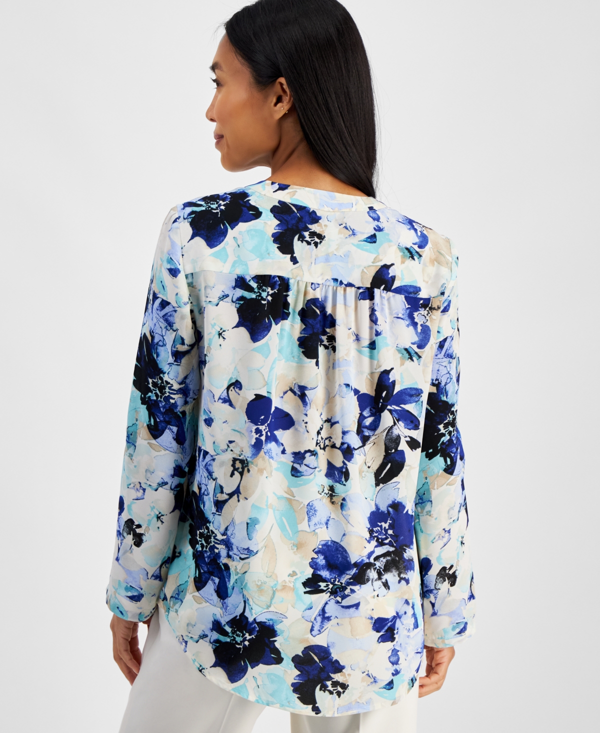 Ak Anne Klein Petite Floral Pleat-front Roll-tab Tunic In Pool Blue Multi