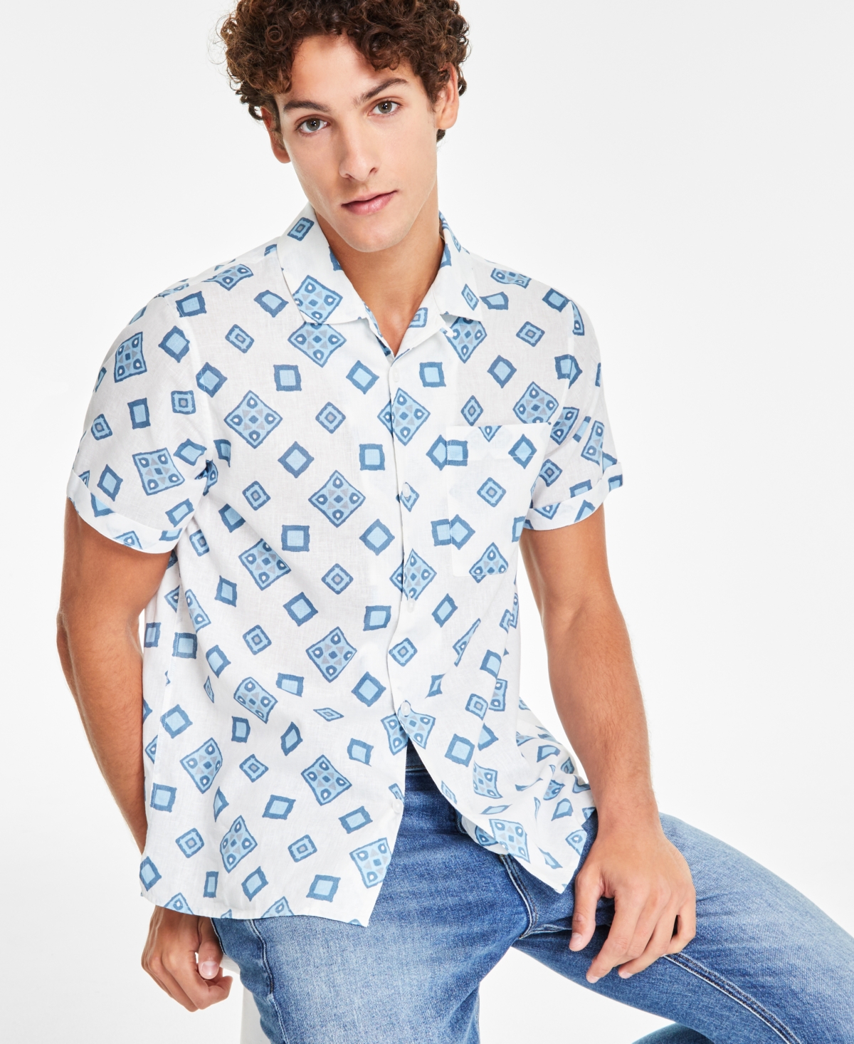 Shop Sun + Stone Men's Leblanc Regular-fit Geo-print Button-down Linen Blend Camp Shirt, Created For Macy's In Vintage White