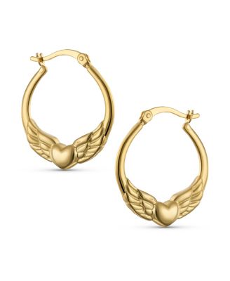 Spiritual Angelic Angel Wing Heart Hoop Earrings 14K Gold Plated .925 Sterling Silver .75 Inch Diameter
