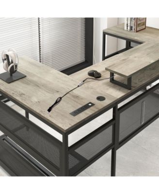 U-Shaped Desk with Shelves and LED Lights – Modern and Functional Workspace