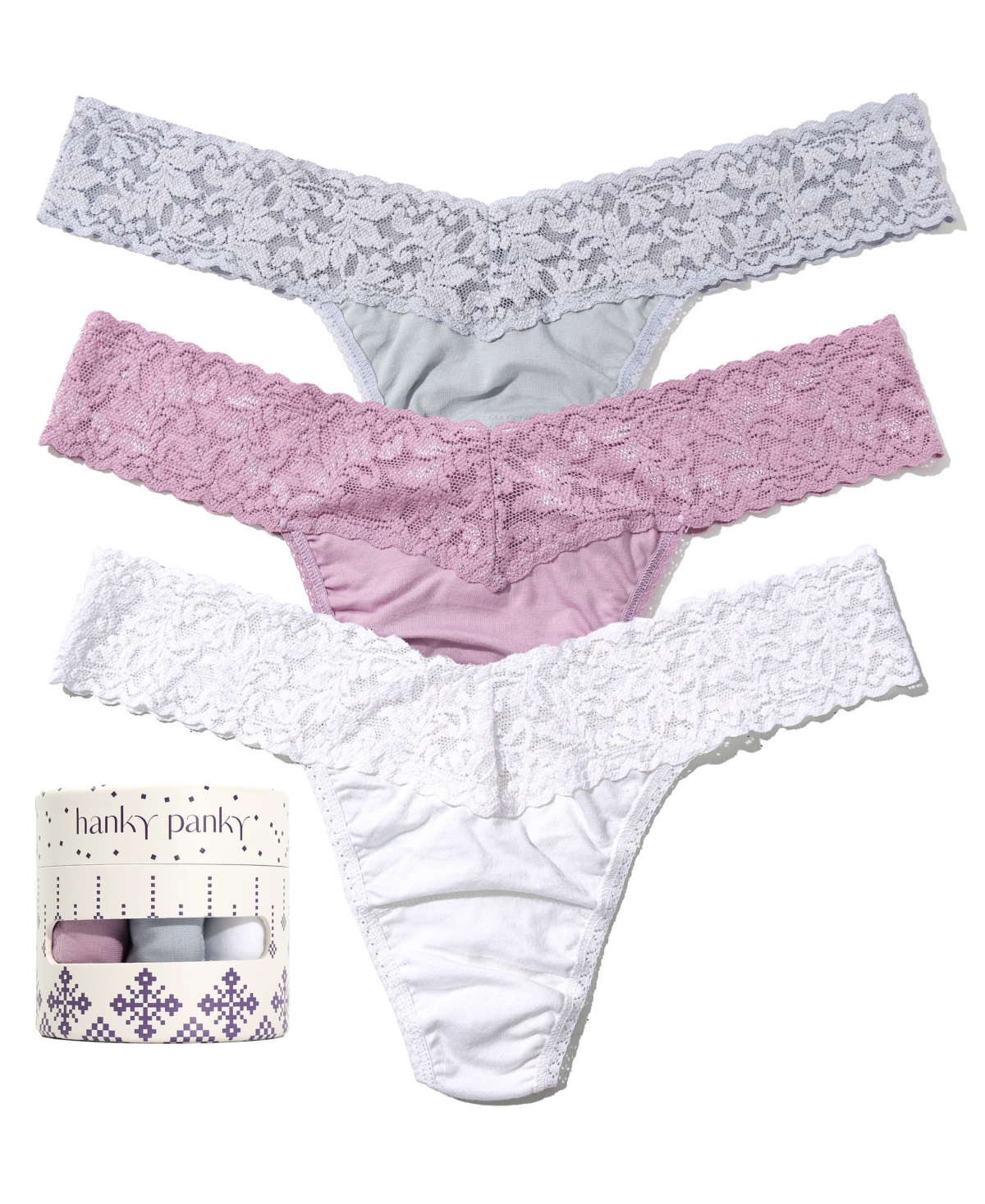 Hanky Panky Women's Holiday 3 Pack Supima Cotton Low Rise Thong Underwear -Dove Grey/White