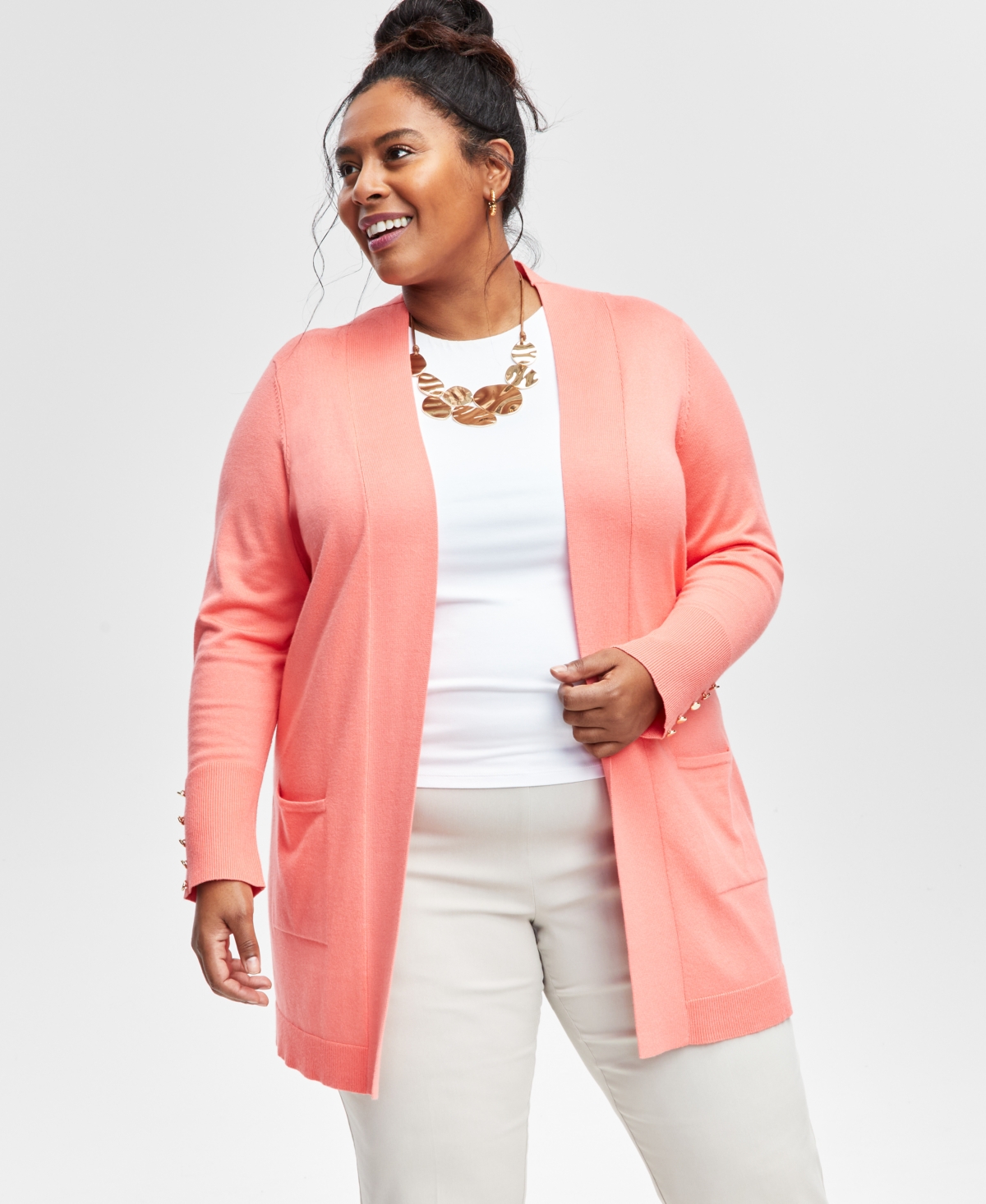 Jm Collection Plus Size Open-Front Long-Sleeve Cardigan, Created for Macy's