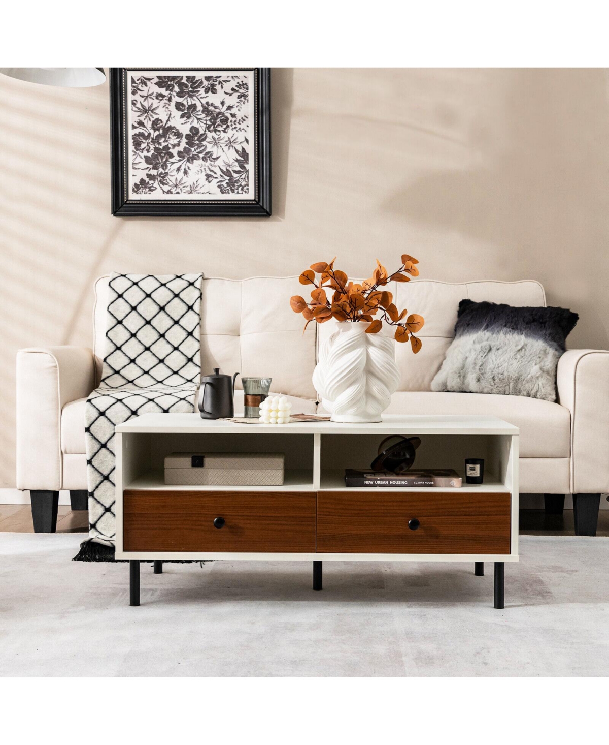 Gymax Coffee Table Modern Rectangle w/ Storage Shelf & Drawers Living Room Furniture - White+brown