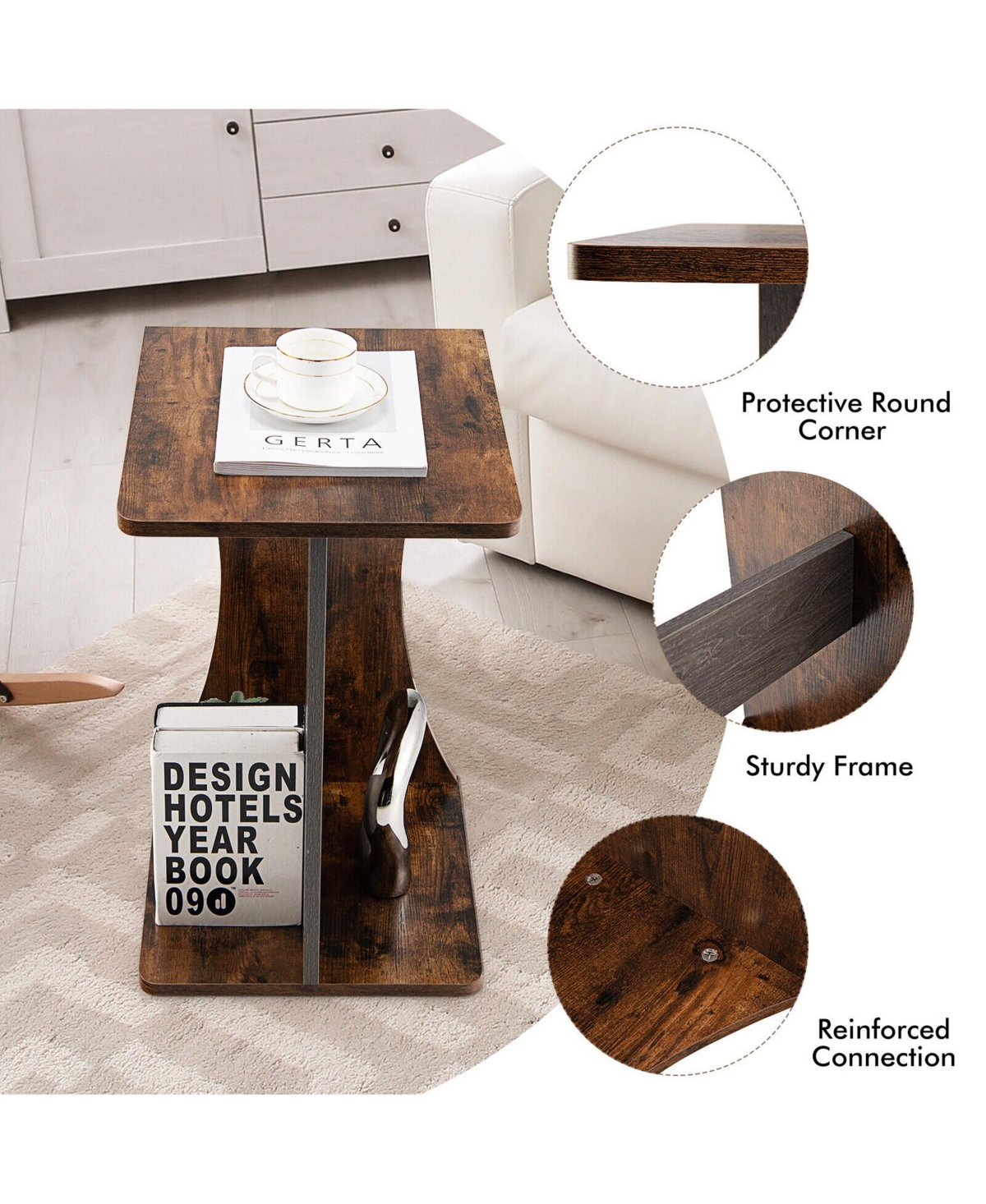 Gymax Side Table 2 Tier Sofa Couch Table Compact C-shape End Table Snack Coffee Table - Retro color + dark grey