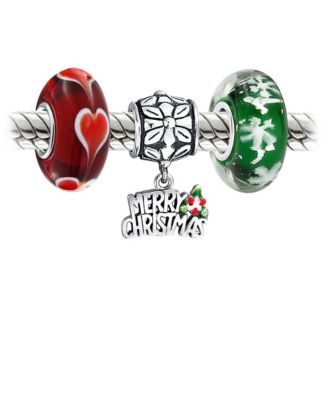 Set Of 3 Word Merry Christmas Snowflake Hearts .925 Sterling Silver Charm Bead Bundle Fits European Bracelet