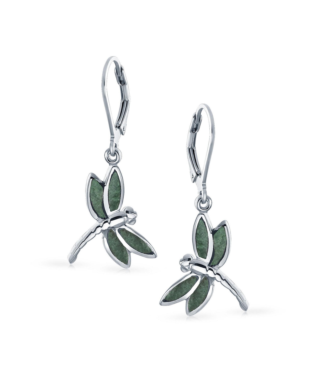 Bling Jewelry Dainty Butterfly Dragonfly Firefly GardenAgate Inlaid Drop Lever back Dangle Earrings For Women .925 Sterling Silver - Green
