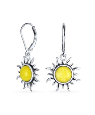 Tropical Vacation Beach Sun Rise Natural Amber Round Sunburst Dangle Drop Earrings Lever back Oxidized Sterling Silver