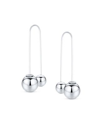 Geometric Linear Long Thin Ear Wire Staggered Drop Ear .925 Sterling Silver Double Bead Ball Threader Earrings 8,12 MM Bead