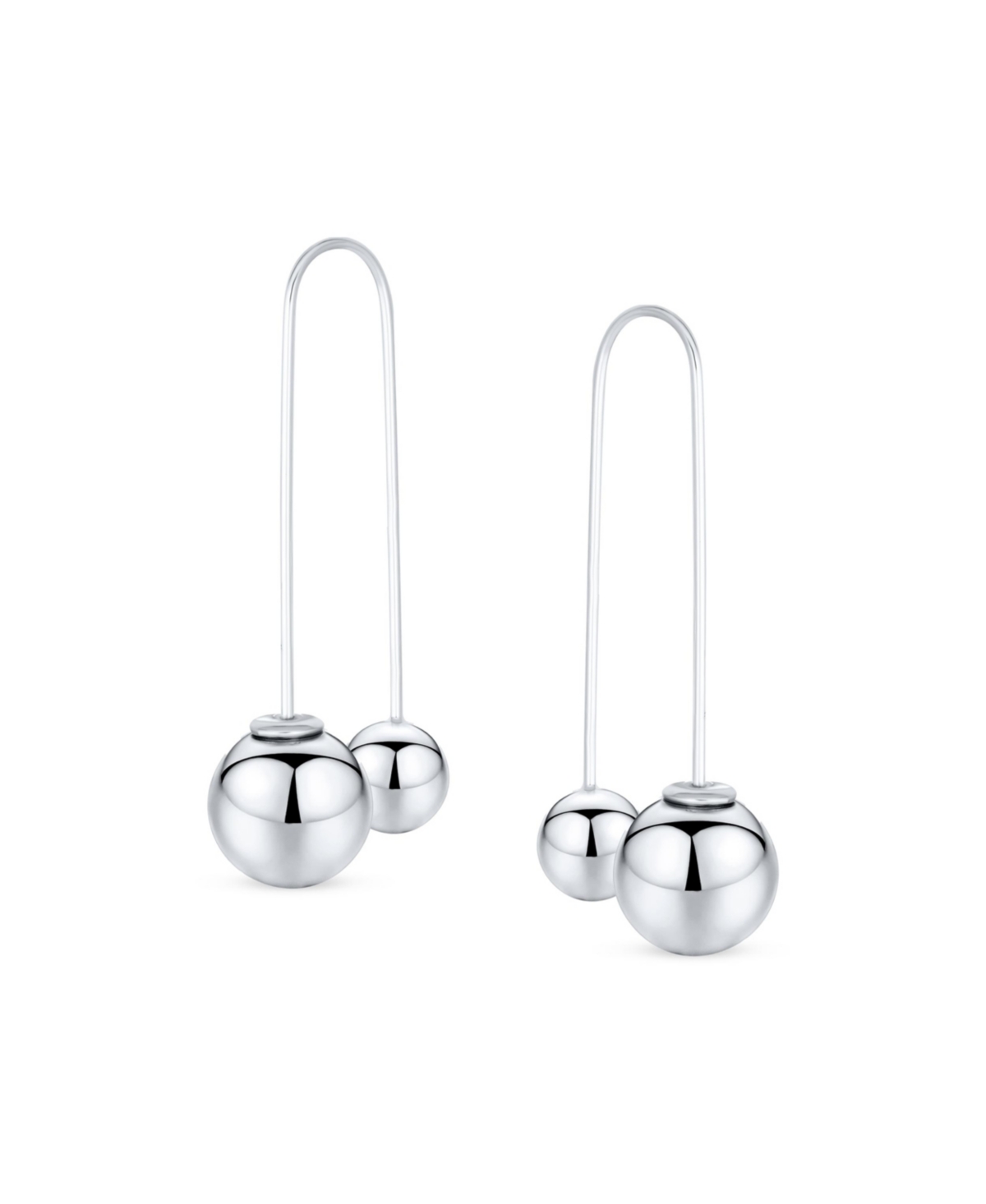 Bling Jewelry Geometric Linear Long Thin Ear Wire Staggered Drop Ear .925 Sterling Silver Double Bead Ball Threader Earrings For Women 8,12 Bead