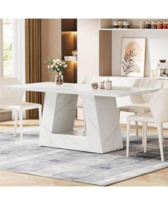 Dining Table for 4 to 6 People, 63" Rectangular Dining Room Table, Modern Wooden Faux Marble Dinner Table with Sturdy Base for Kitchen, Living Room