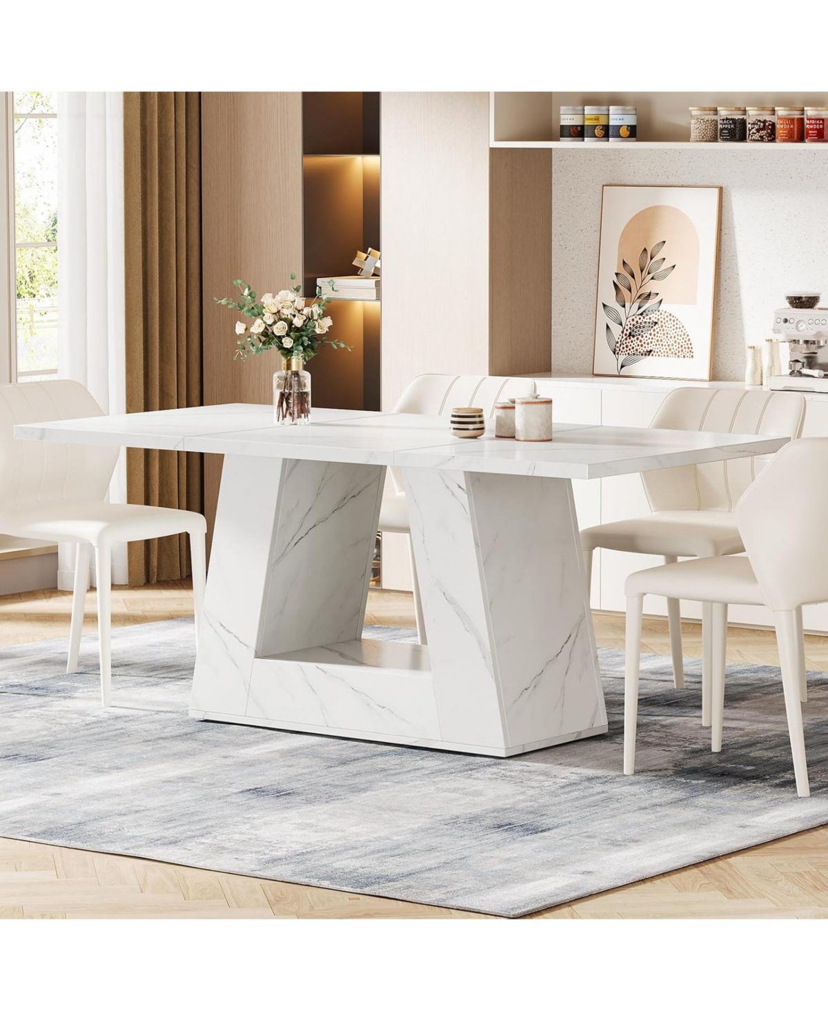 Tribesigns Dining Table for 4 to 6 People, Rectangular Dining Room Table, Modern Wooden Faux Marble Dinner Table with Sturdy Base for Kitchen, Liv