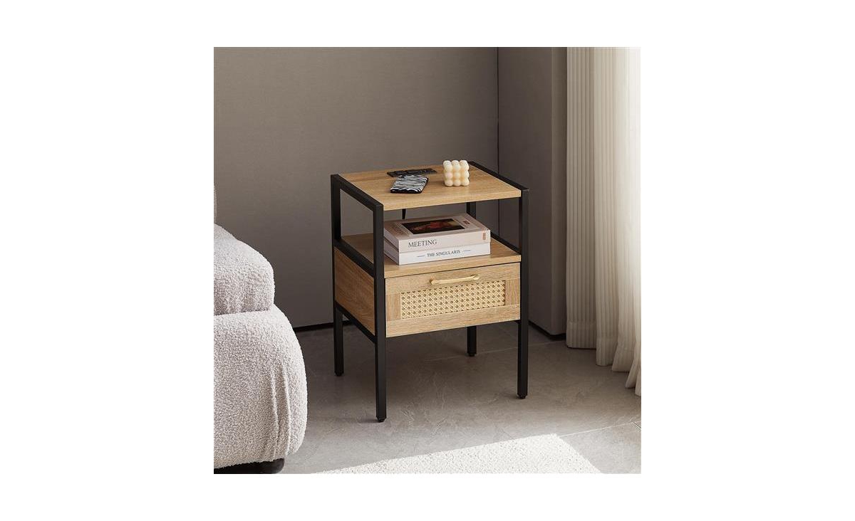 Slickblue Rattan End Table with Power Outlet and Usb Ports for Convenient Charging