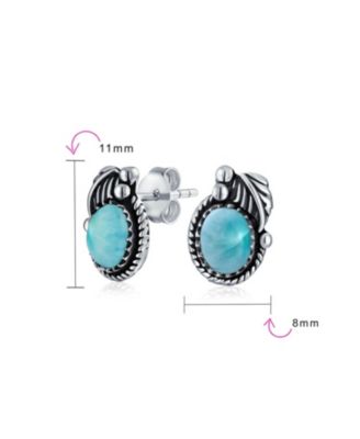Native American Style Stabilized Oval Bezel Leaf Rope Edged Stud Earrings Western Jewelry Oxidized .925 Sterling Silver