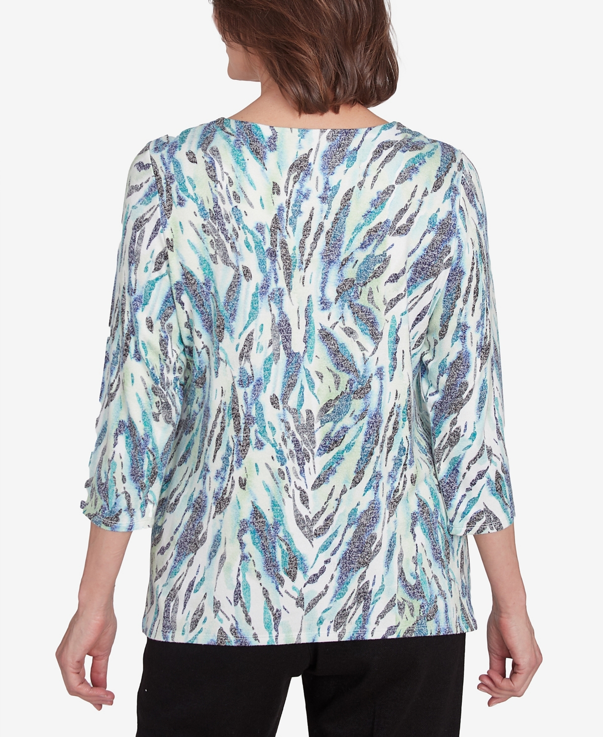 Alfred Dunner Plus Size French Quarter Teal Animal Print Split Neck Top In Multi Green