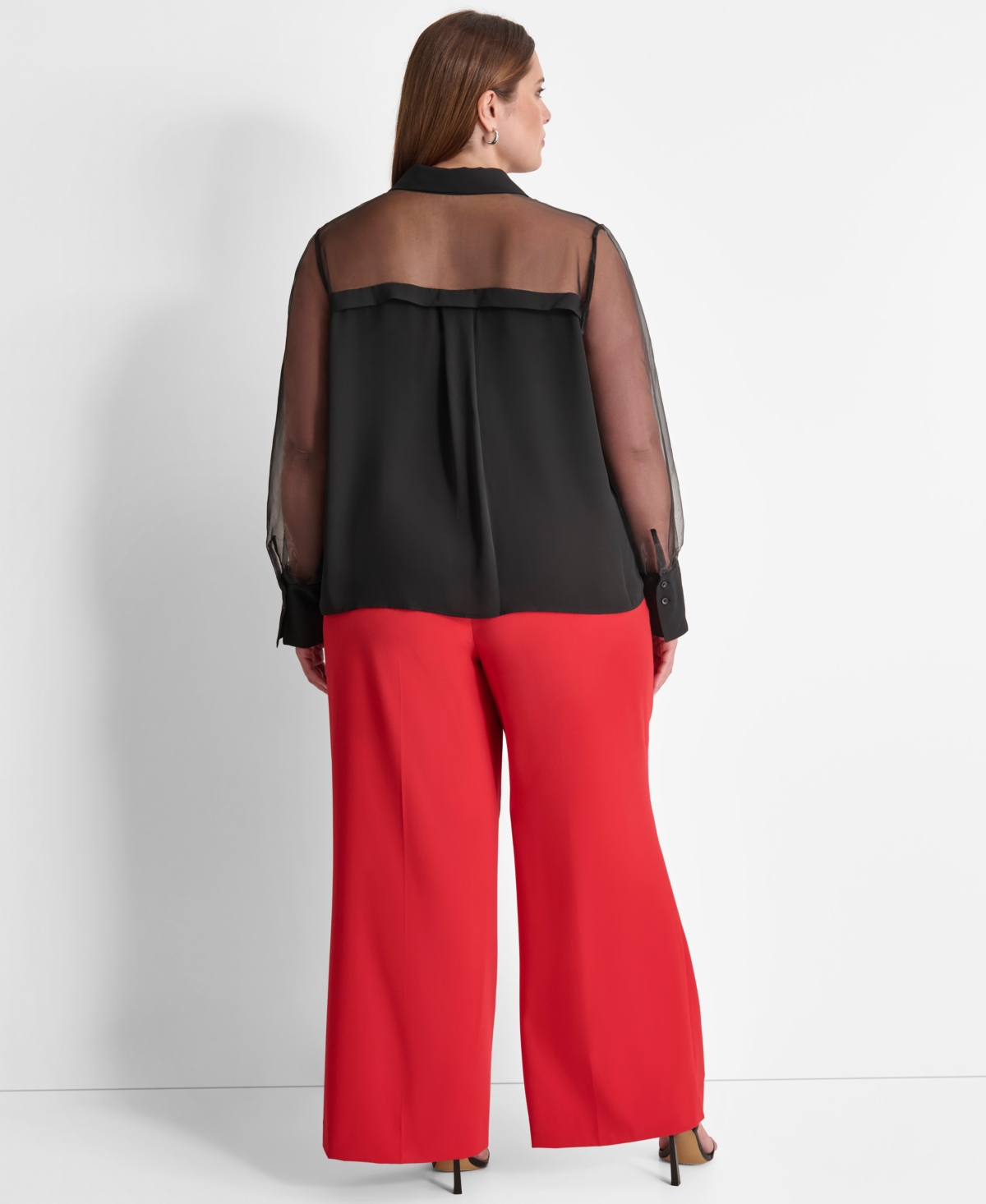 Dkny Plus Size Collared Mixed-media Illusion Blouse In Black