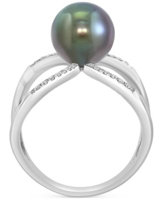EFFY&reg; Cultured Tahitian Pearl (9mm) & Diamond (1/10 ct. t.w.) Openwork Statement Ring in 14k White Gold