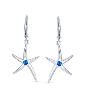 Blue Created Opal Accent Nautical Ocean Marine Life Starfish Drop Lever back Earrings .925 Sterling Silver