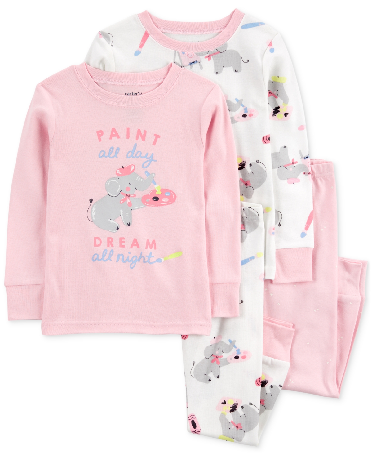 Carter's Babies' Toddler Girls Painter Elephant 100% Snug-fit Cotton Pajamas, 4 Piece Set In Pink