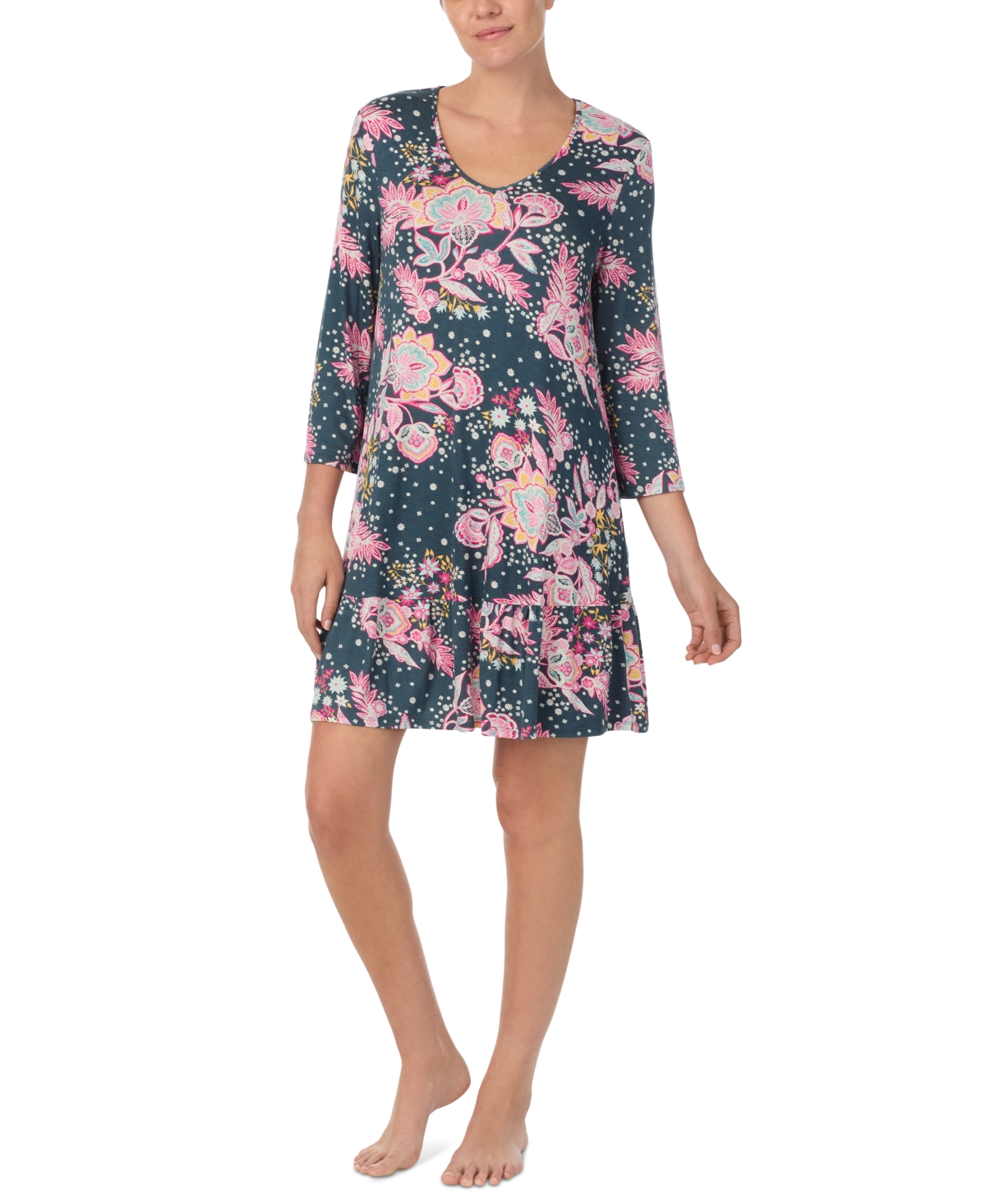 Women's 3/4-Sleeve Floral Nightgown - Teal Floral