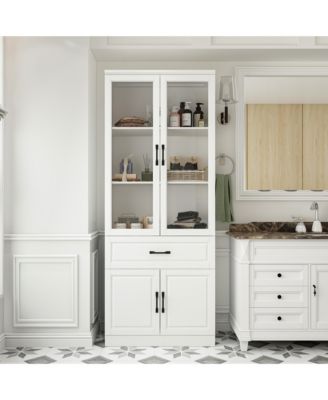Wood 4-Shelf Bookcase with Tempered Glass Doors, Drawer, and Cabinet Storage