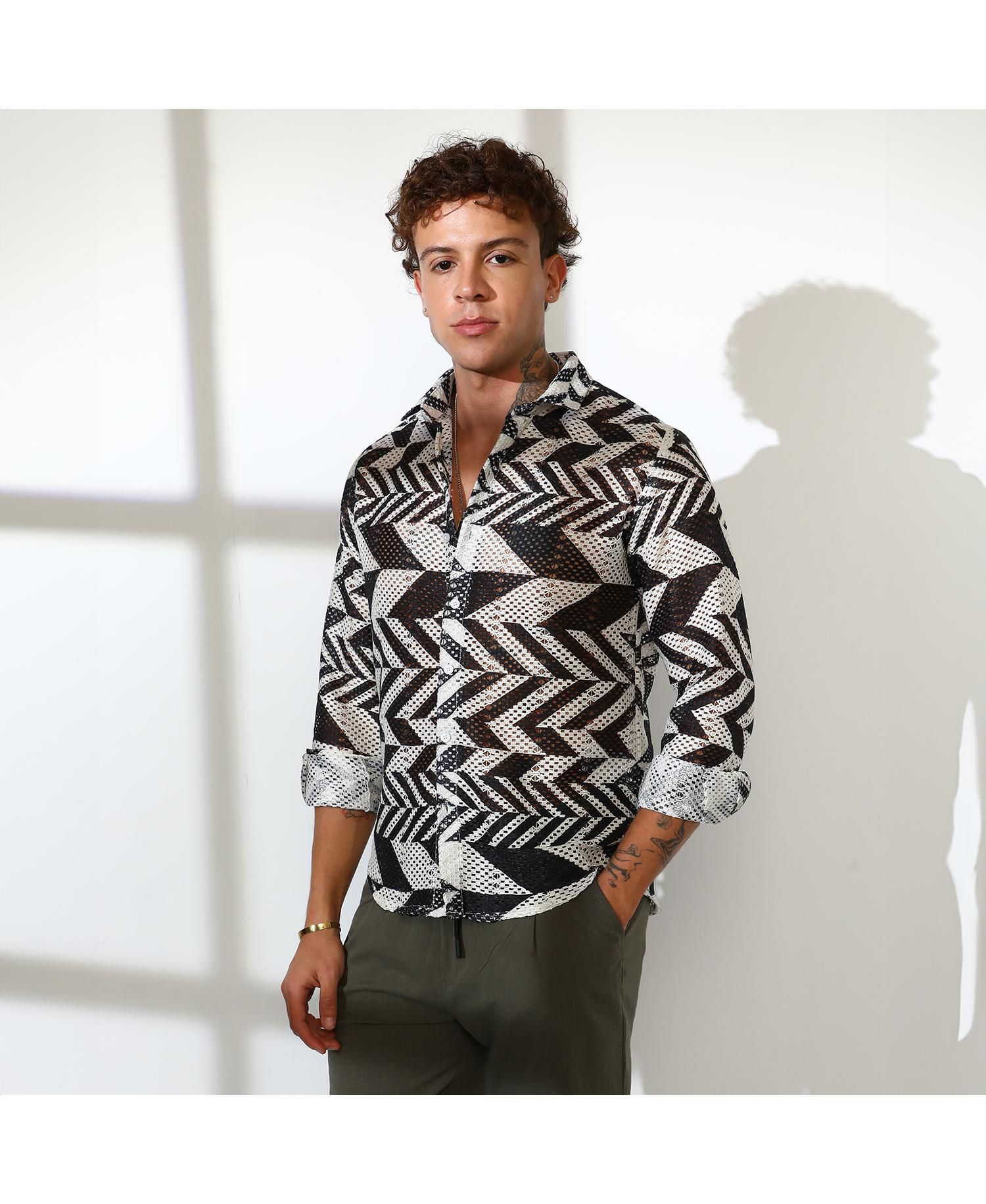 Men's Taupe Brown & Cream White Chevron-Knit Shirt