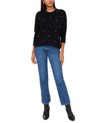 Women's Crewneck Embellished Pearl Long-Sleeve Sweater