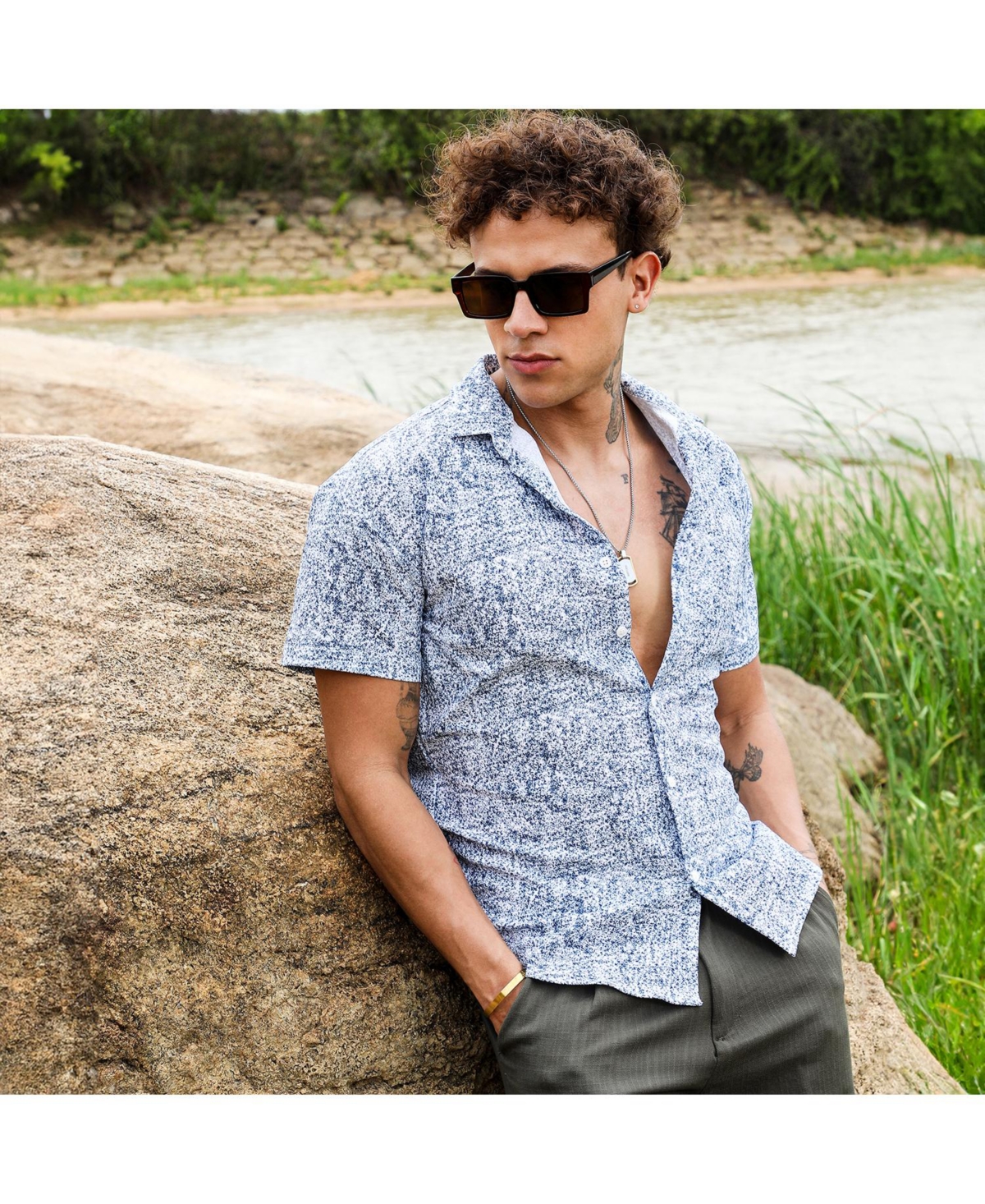 Campus Sutra Men's Cream& Indigo Blue Contrast Hazy Shirt - White