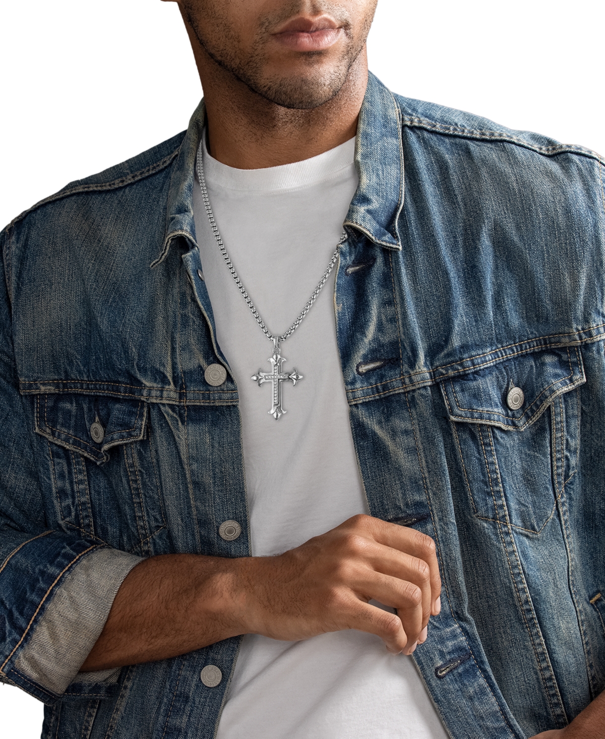 ESQUIRE MEN'S JEWELRY DIAMOND FANCY CROSS 22" PENDANT NECKLACE (1/5 CT. T.W.) IN STERLING SILVER, CREATED FOR MACY'S 