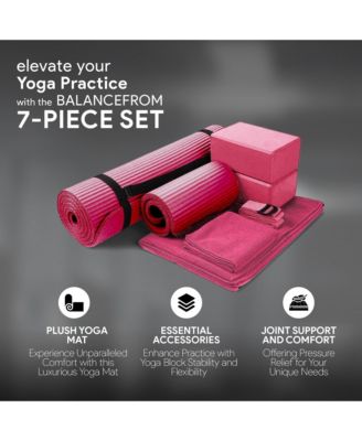 7 Piece Yoga Set with Mat, Stretch Strap & Knee Pad, Pink