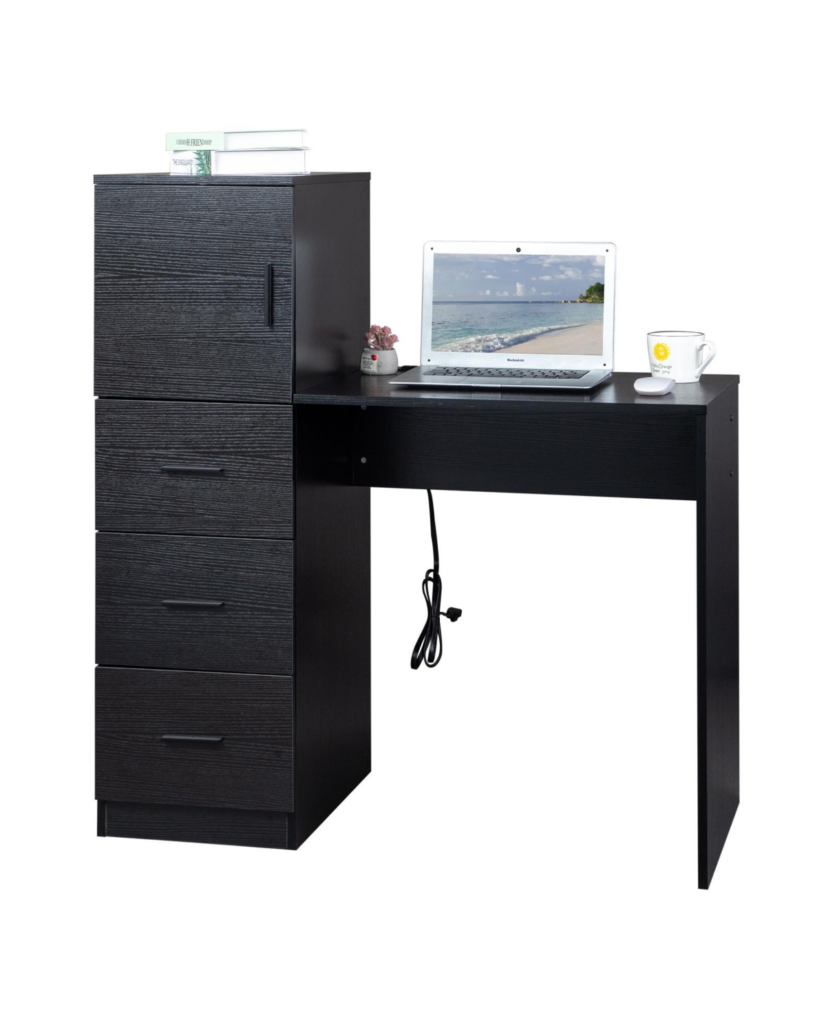 Slickblue Embossed Melamine H-Type Computer Desk with One Door, Three Drawers, 2 Usb Ports, and 2 Power Sockets
