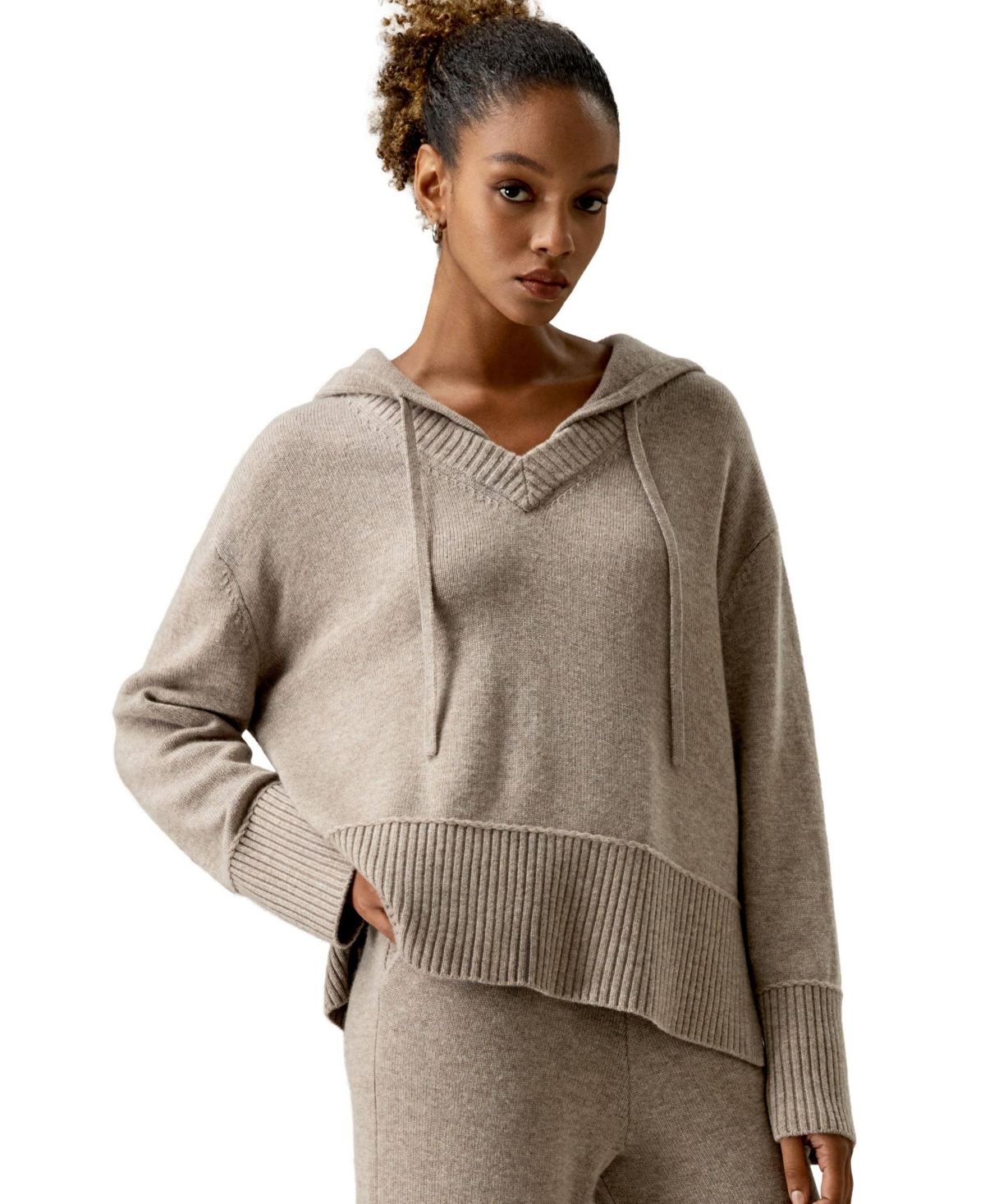 Women's V Neck Wool-Cashmere Blend Hoodie - Dark gray