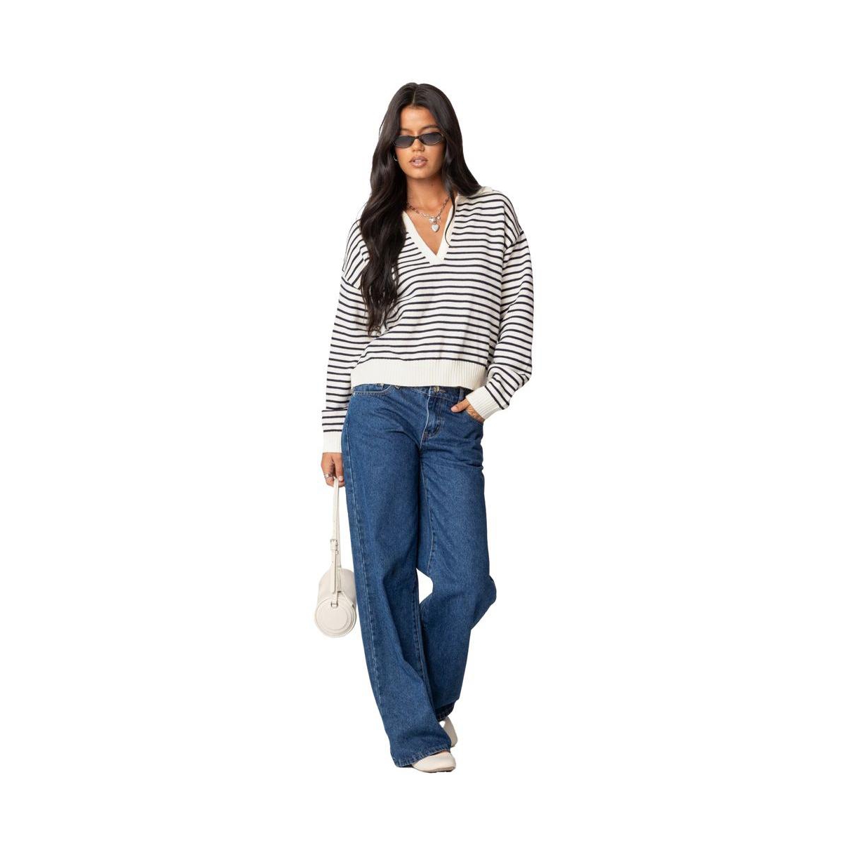 Edikted Women's Copenhagen Oversized Striped Sweater - Navy-and-cream
