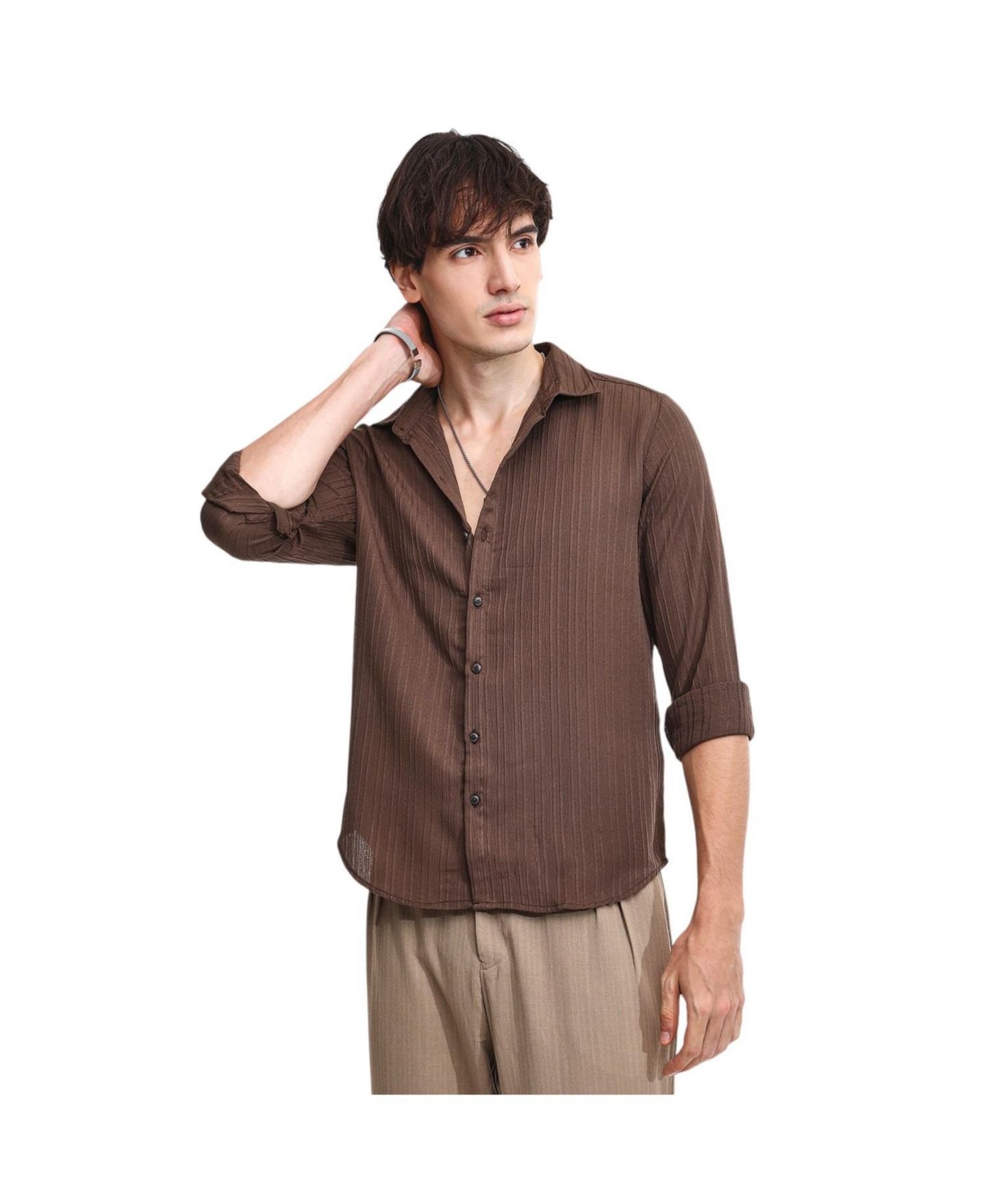 Мужская рубашка Cahoot Campus Sutra Mocha Brown Self-Design Striped, цвет: Коричневый — фото 1