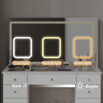 11-Drawer Vanity with 3 Color LED Mirror, Tempered Glass Countertop,Crystal Handle, Makeup Table,Chest