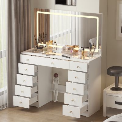 11-Drawer Vanity with 3 Color LED Mirror, Tempered Glass Countertop,Crystal Handle, Makeup Table,Chest