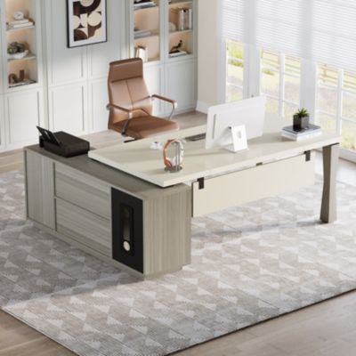 71-Inch Executive Desk, L-Shaped Desk with Cabinet, Large Office Desk with Storage Shelves, Writing Table Desk Business Furniture Set