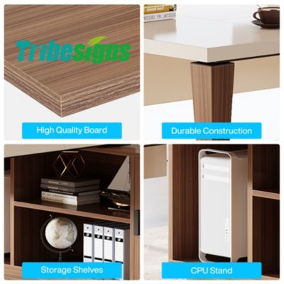 71-Inch Executive Desk, L-Shaped Desk with Cabinet, Large Office Desk with Storage Shelves, Writing Table Desk Business Furniture Set