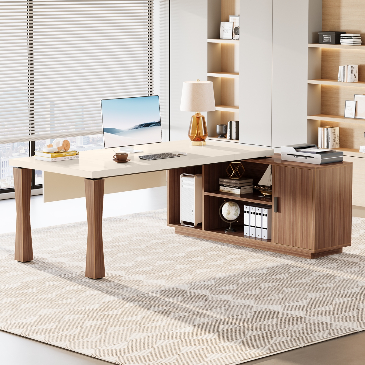 Tribesigns 71-Inch Executive Desk, L-Shaped Desk with Cabinet, Large Office Desk with Storage Shelves, Writing Table Desk Business Furniture Set for H