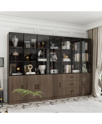 Brown Wood 23-Shelf Accent Bookcase with Glass Doors, Lights