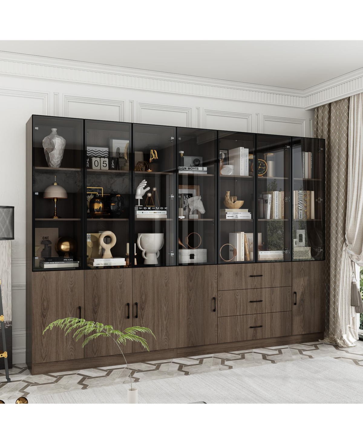 Famapy Brown Wood 23-Shelf Accent Bookcase with Glass Doors, Lights