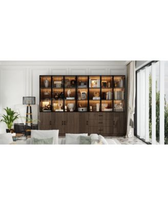 Brown Wood 23-Shelf Accent Bookcase with Glass Doors, Lights