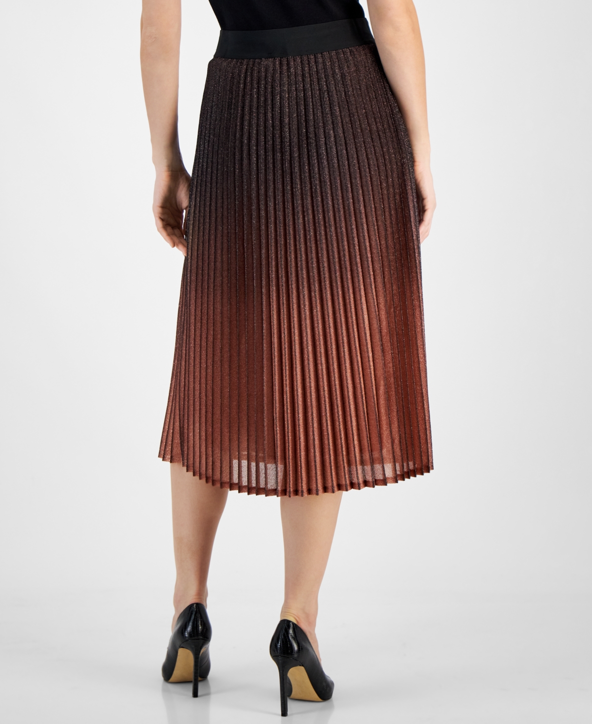 T Tahari Women's Metallic Gradient Pleated Midi Skirt - Black And Nude Ombre
