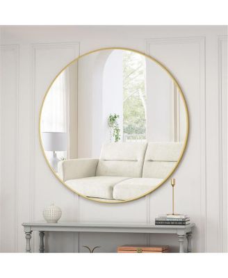 39-Inch Gold Circular Wall Mirror – Metal Framed Round Vanity Mirror for Bathroom, Living Room, or Bedroom Decor