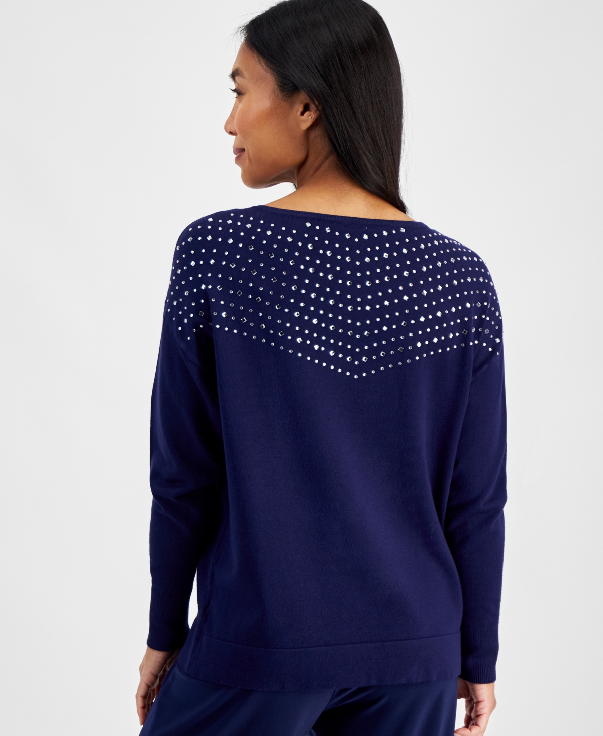 Shop Ak Anne Klein Petite Embellished Boat-neck Sweater In Midnight