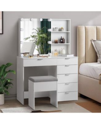 White Dressing Table Set with 6 Pumps, 2 Shelves, Mirror Cabinet & 3-Tone Light Bulbs